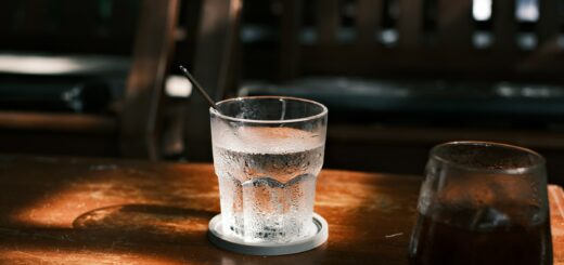 Glass of iced water on a wooden table