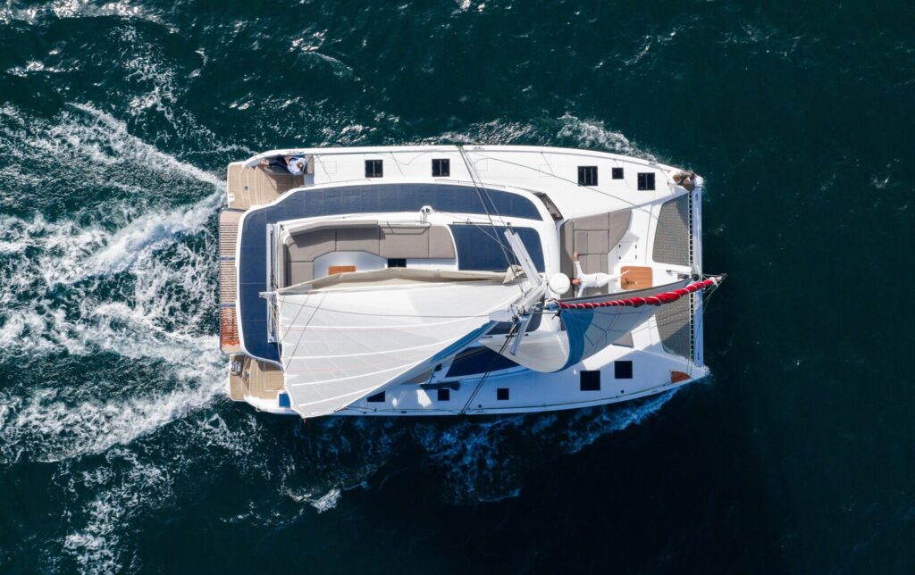 Aerial view of a catamaran under way